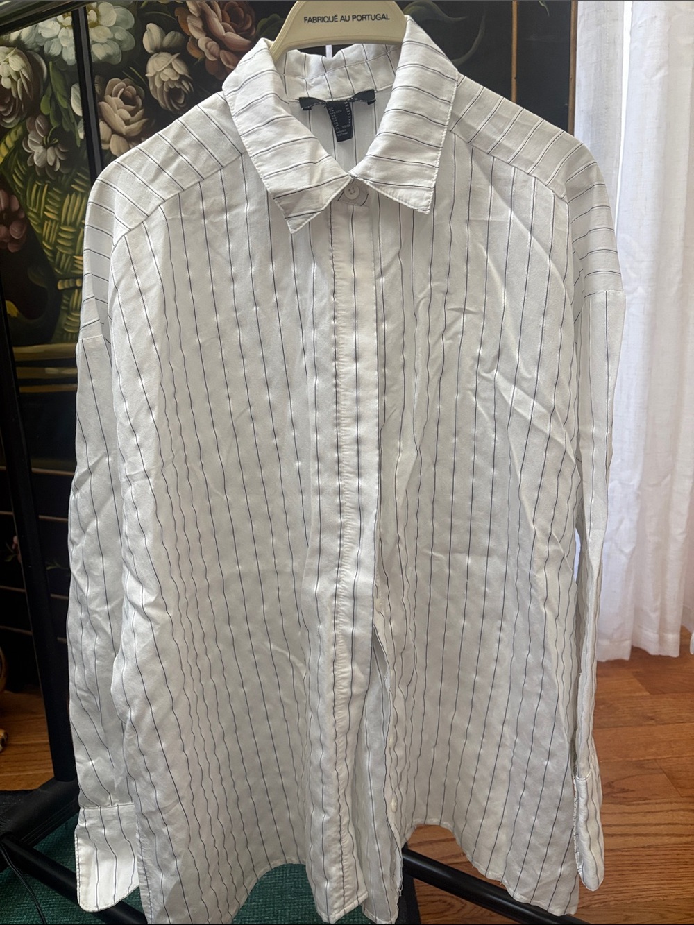 Forever 21 White Button-Down Shirt with Navy Pinstripes